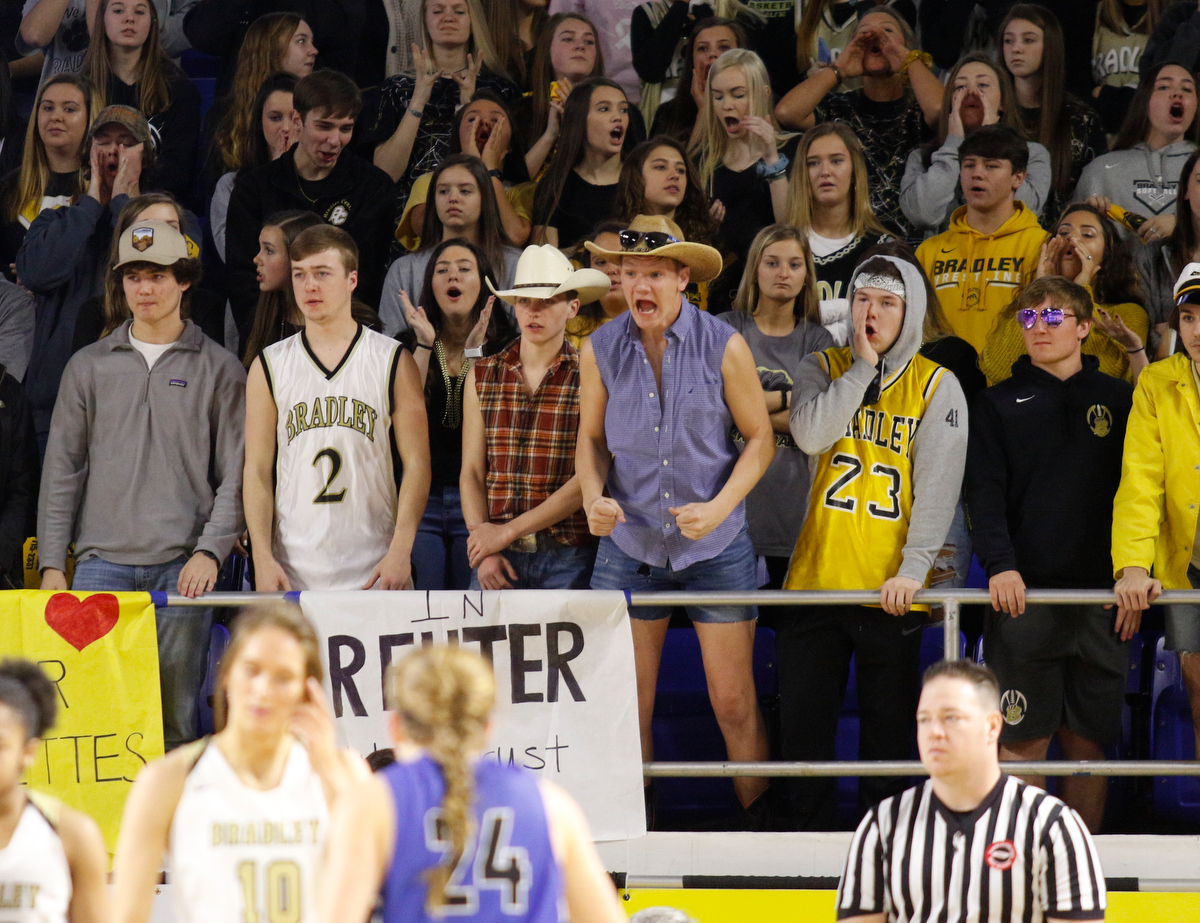 The Bradley Central student section shouts following a foul call during the Bearettes' TSSAA Class AAA girls basketball quarterfinal against the Lebanon Lady Blue Devils at Middle Tennessee State University's Murphy Center on Thursday, March 7, 2019, in Murfreesboro, Tenn.