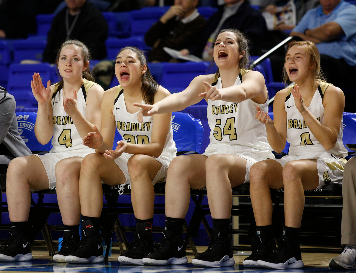The Bradley Central bench reacts as the Bearettes win their TSSAA Class AAA girls basketball quarterfinal against the Lebanon Lady Blue Devils at Middle Tennessee State University's Murphy Center on Thursday, March 7, 2019, in Murfreesboro, Tenn.