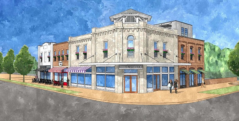 A conceptual site drawing of one of the first buildings set to go up in the new Sewanee Village development. The mixed-use building will include commercial tenants in the first floor, including a food market, and apartments on the second floor. Plans are subject to change. / Contributed photo from River Street Architecture