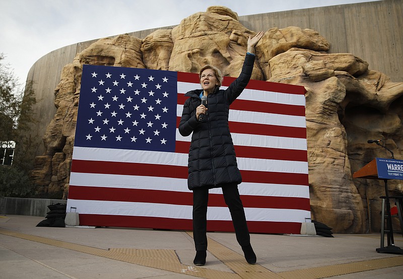 Presidential candidate Sen. Elizabeth Warren, D-Massachusetts, speaks in front of a rock at an organizing event in Las Vegas last month.