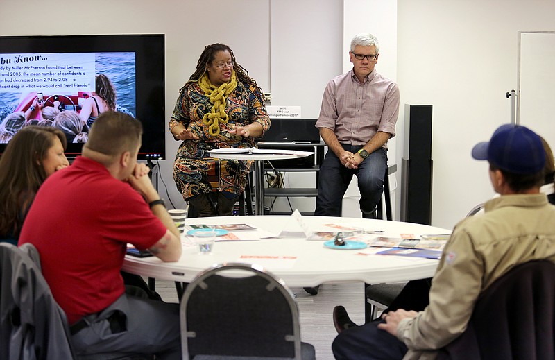 Staff photo by Erin O. Smith / 
Gena Ellis, an educator with First Things First, and Chris Gregory, development director with First Things First, introduce themselves during a Parenting in the Brave New Digital World session at First Things First Tuesday, March 5, 2019 in Chattanooga, Tennessee. Parenting in the Brave New Digital World is designed to give parents an inside look at the pros and cons of technology's effects on family relationships.