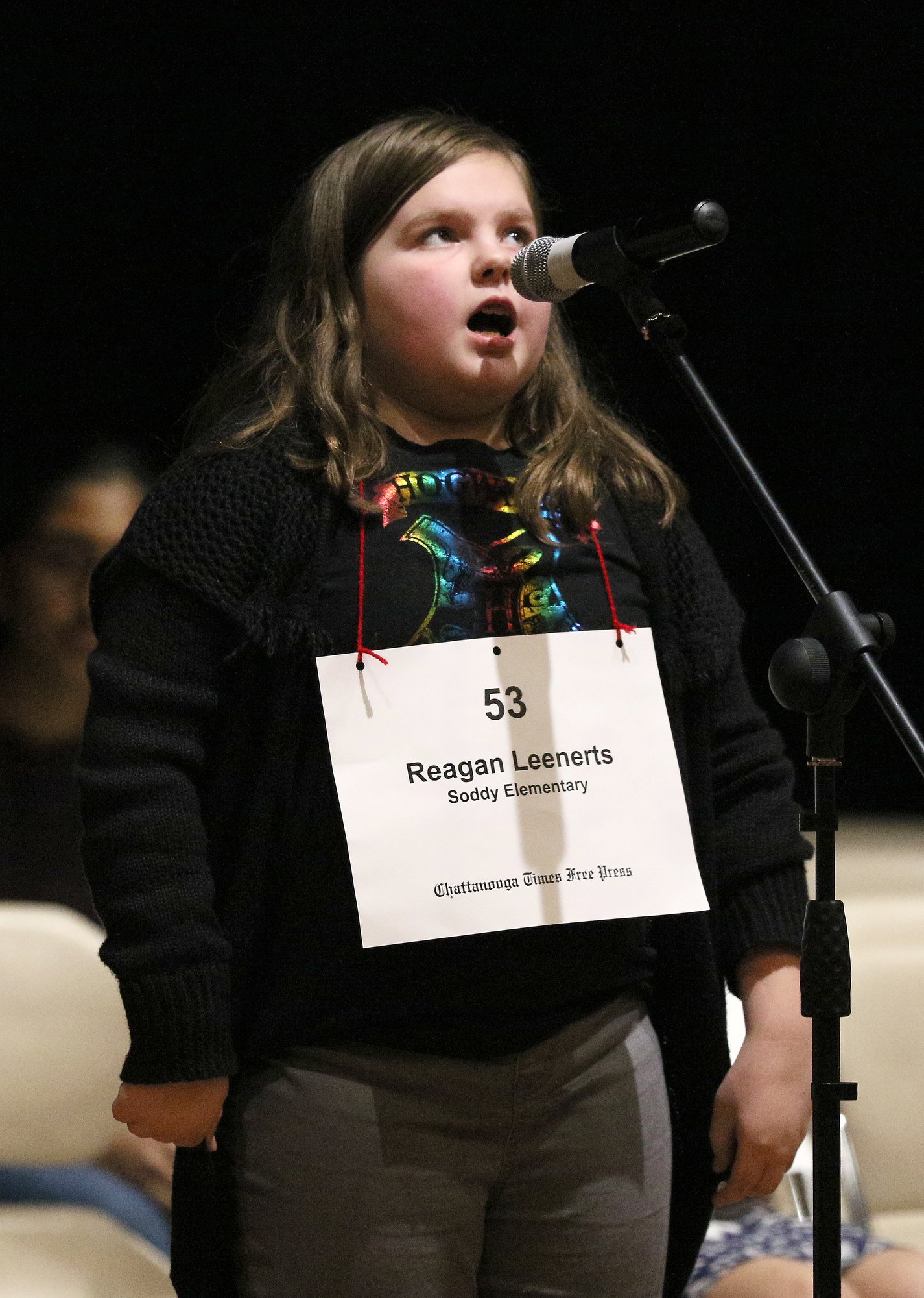 Reagan Leenerts from Soddy Elementary School spells a word during the 2019 Times Free Press Regional Spelling Bee Saturday, March 9, 2019 at the University of Tennessee at Chattanooga University Center.