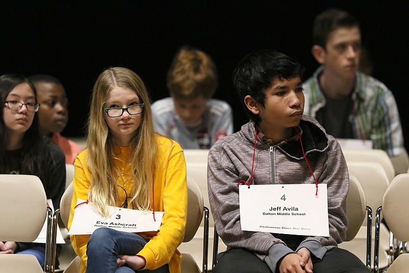 Eva Ashcraft and Jeff Avila, both from Dalton Middle School, wait their turns to spell words during the 2019 Times Free Press Regional Spelling Bee Saturday, March 9, 2019 at the University of Tennessee at Chattanooga University Center.