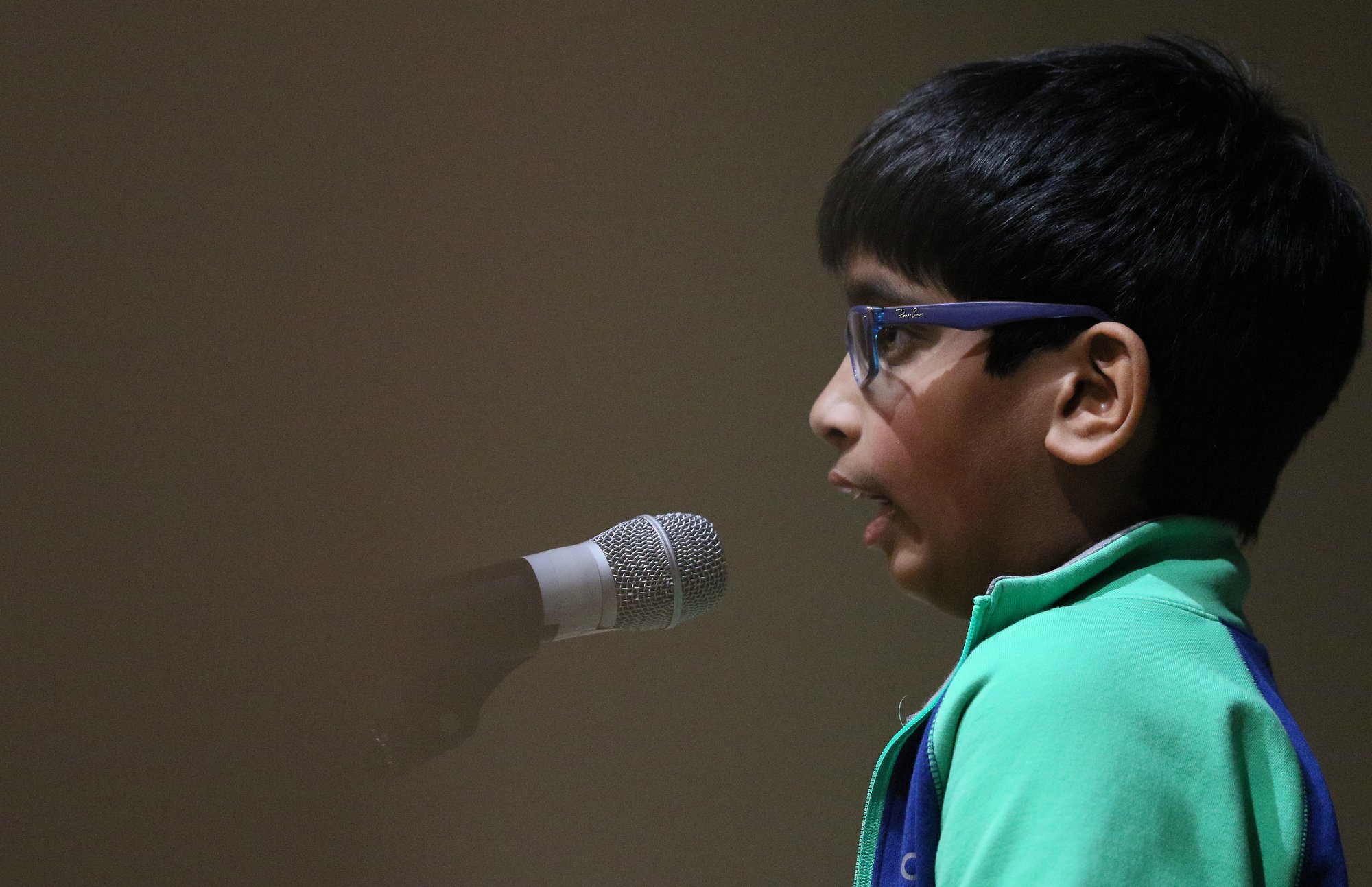 Akhil Giddaluri of Brainerd Baptist School spells "egregious" during the 2019 Times Free Press Regional Spelling Bee Saturday, March 9, 2019 at the University of Tennessee at Chattanooga University Center.