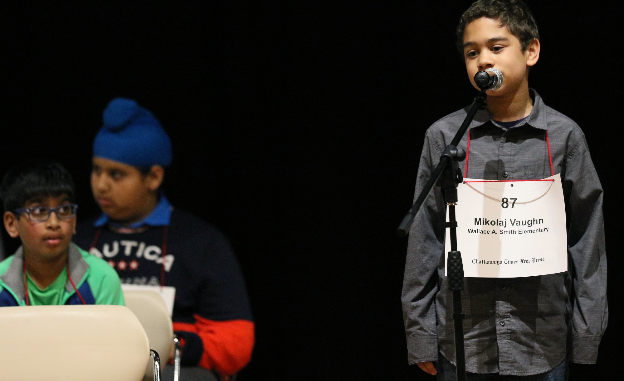 Mikolaj Vaughn from Wallace A. Smith Elementary spells "ominous" during the 2019 Times Free Press Regional Spelling Bee Saturday, March 9, 2019 at the University of Tennessee at Chattanooga University Center.