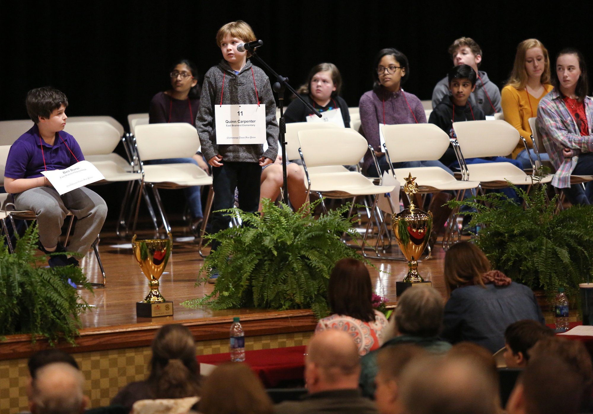 Quinn Carpenter of East Brainerd Elementary attempts to spell "jovial" during the 2019 Times Free Press Regional Spelling Bee Saturday, March 9, 2019 at the University of Tennessee at Chattanooga University Center.