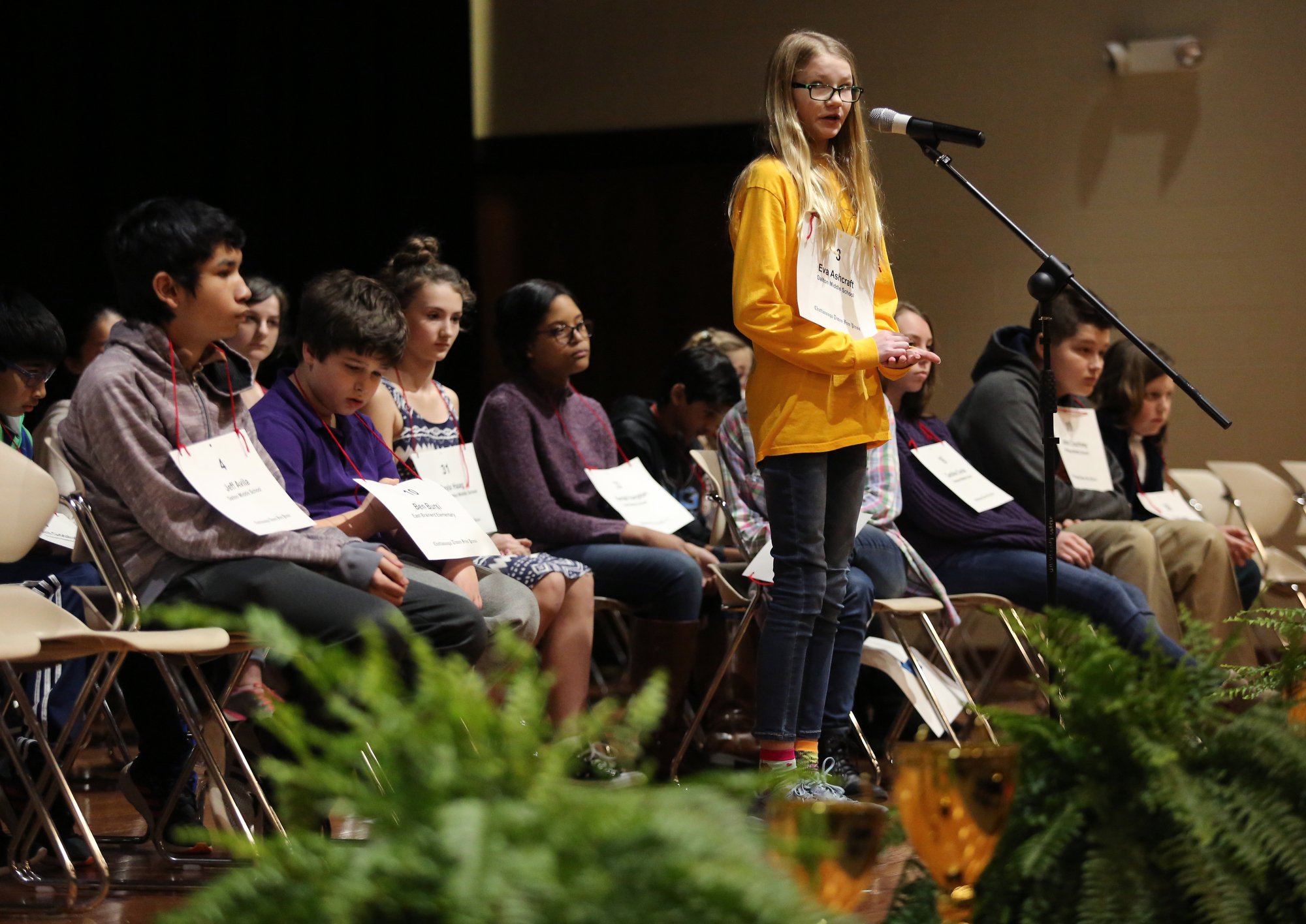 Eva Ashcraft of Dalton Middle School attempts to spell a word during the 2019 Times Free Press Regional Spelling Bee Saturday, March 9, 2019 at the University of Tennessee at Chattanooga University Center.