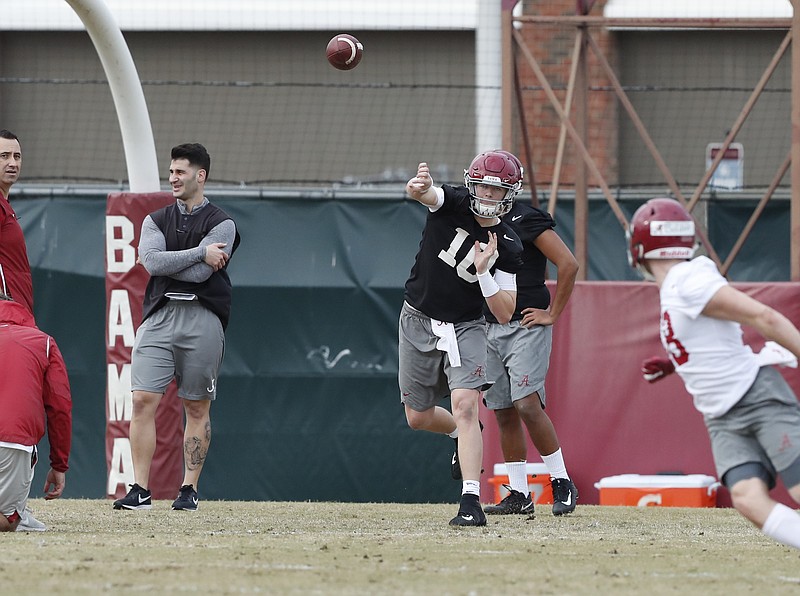Alabama redshirt sophomore quarterback Mac Jones (10) entered Friday's start to spring practice as the primary backup to Tua Tagovailoa and looks to repel threats by early enrollees Taulia Tagovailoa and Paul Tyson. Jones played in 14 of 15 games last season for the SEC champion.