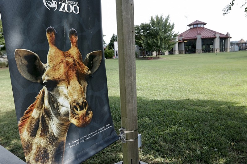 Staff photo by Doug Strickland / 
A banner showing a giraffe, which will be housed in a new enclosure in the field to the right, is seen at the Chattanooga Zoo on Thursday, Sept. 10, 2015, in Chattanooga, Tenn. The zoo has announced plans for a $10 million project to repurpose areas near the current entrance for a giraffe enclosure, scheduled to be completed in 2018, and a lion enclosure, scheduled for completion in 2020.