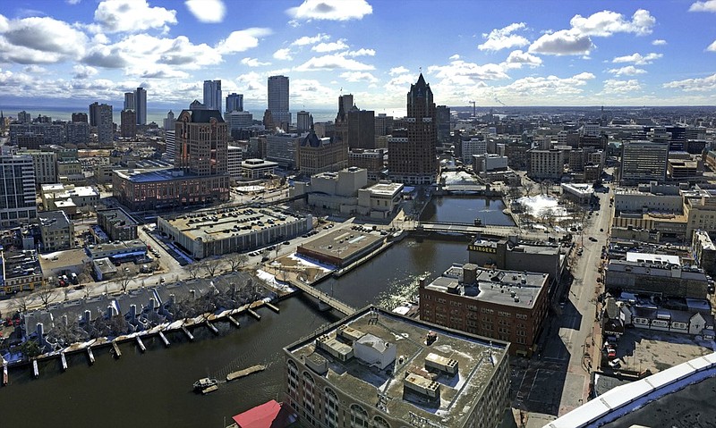 This March 7, 2018 photo shows the downtown skyline of Milwaukee. The Democratic National Committee has selected Milwaukee to host the 2020 national convention. (Mike De Sisti/Milwaukee Journal-Sentinel via AP)

