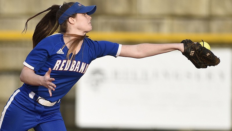 Staff Photo by Robin Rudd/
Red Bank shortstop Alyssa Winton (7) knocks down a hard line drive.  The Red Bank Lions hosted the Whitwell Tigers in TSSAA softball action on March 12, 2019.  