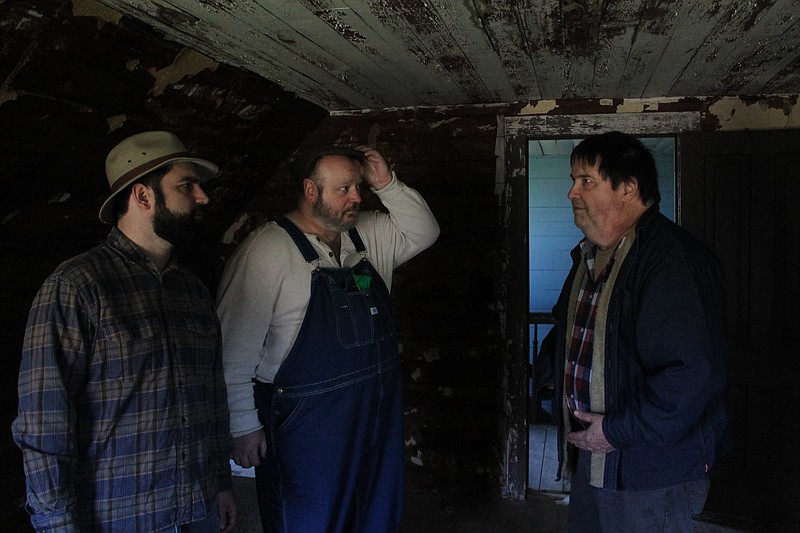 Zack Jordan, Greg Guinn and Steve Jordan, from left, rehearse a scene in "Of Mice and Men." / Facebook.com photo