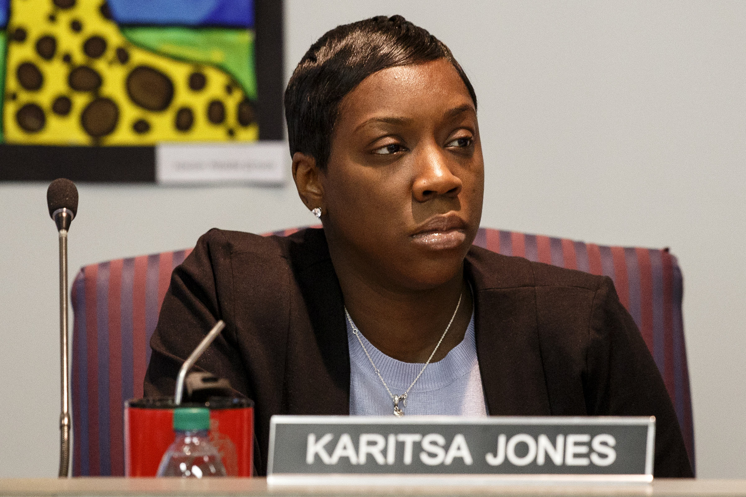 Hamilton County District 5 School Board member Karista Jones is seen during a Hamilton County Schools budget work session on Thursday, March 14, 2019 in Chattanooga, Tenn.