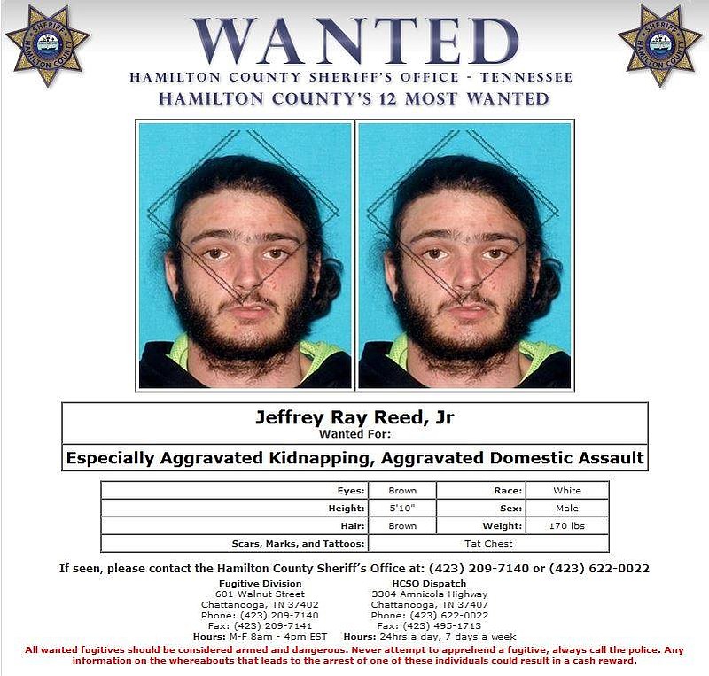 Jeffery Ray Reed Jr. has been added to the HCSO's Top 12 Most Wanted. Reed is charged with Especially Aggravated Kidnapping and Aggravated Domestic Assault through the Chattanooga Police Department for an incident which occurred on March 10, 2019. / Photo from HCSO Facebook page