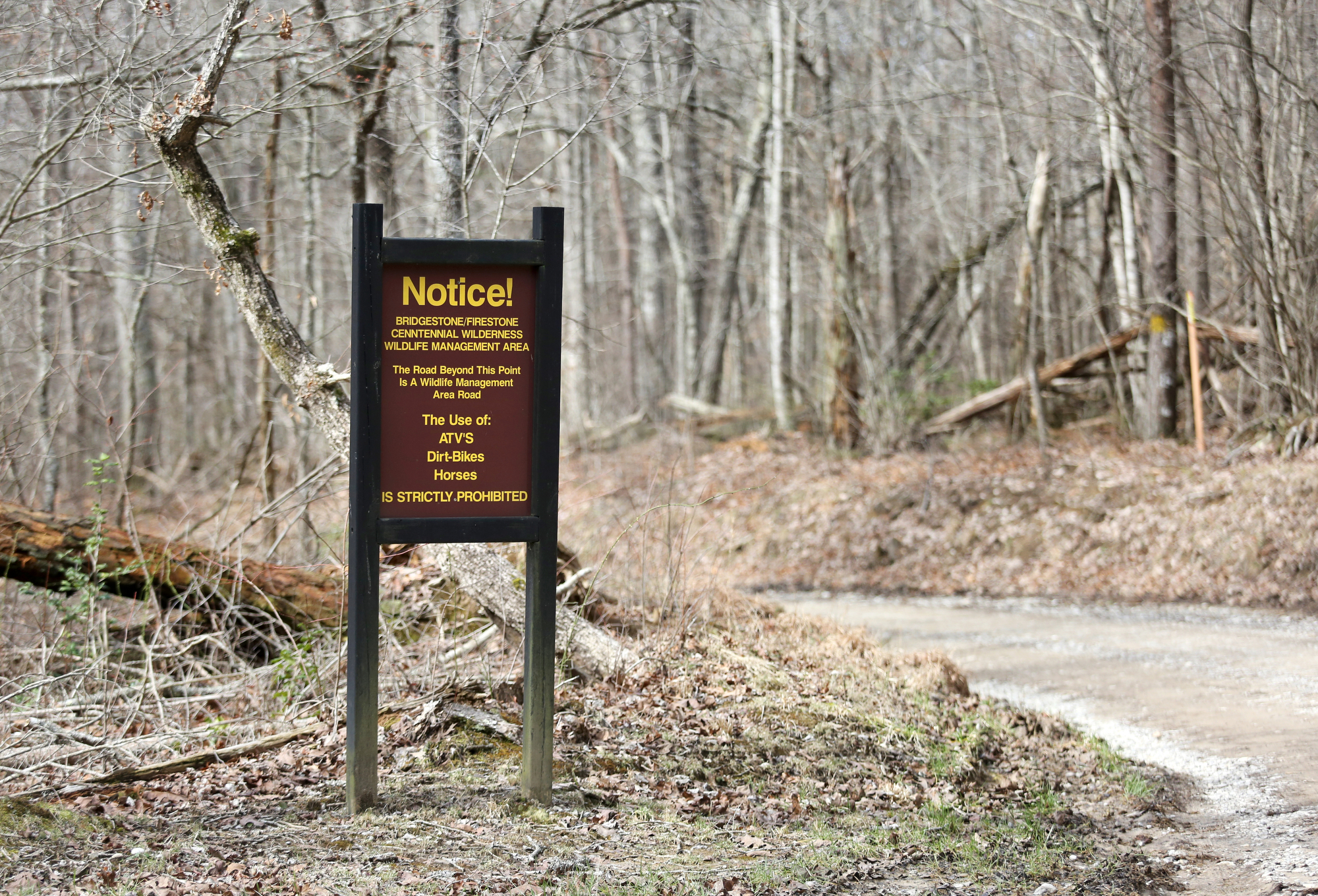 A sign indicates the start of the Bridgestone/Firestone Centennial Wilderness Wildlife Management Area Tuesday, March 12, 2019 in Sparta, Tennessee. The sign indicates ATVs, dirt bikes and horses are not allowed in the wilderness area.