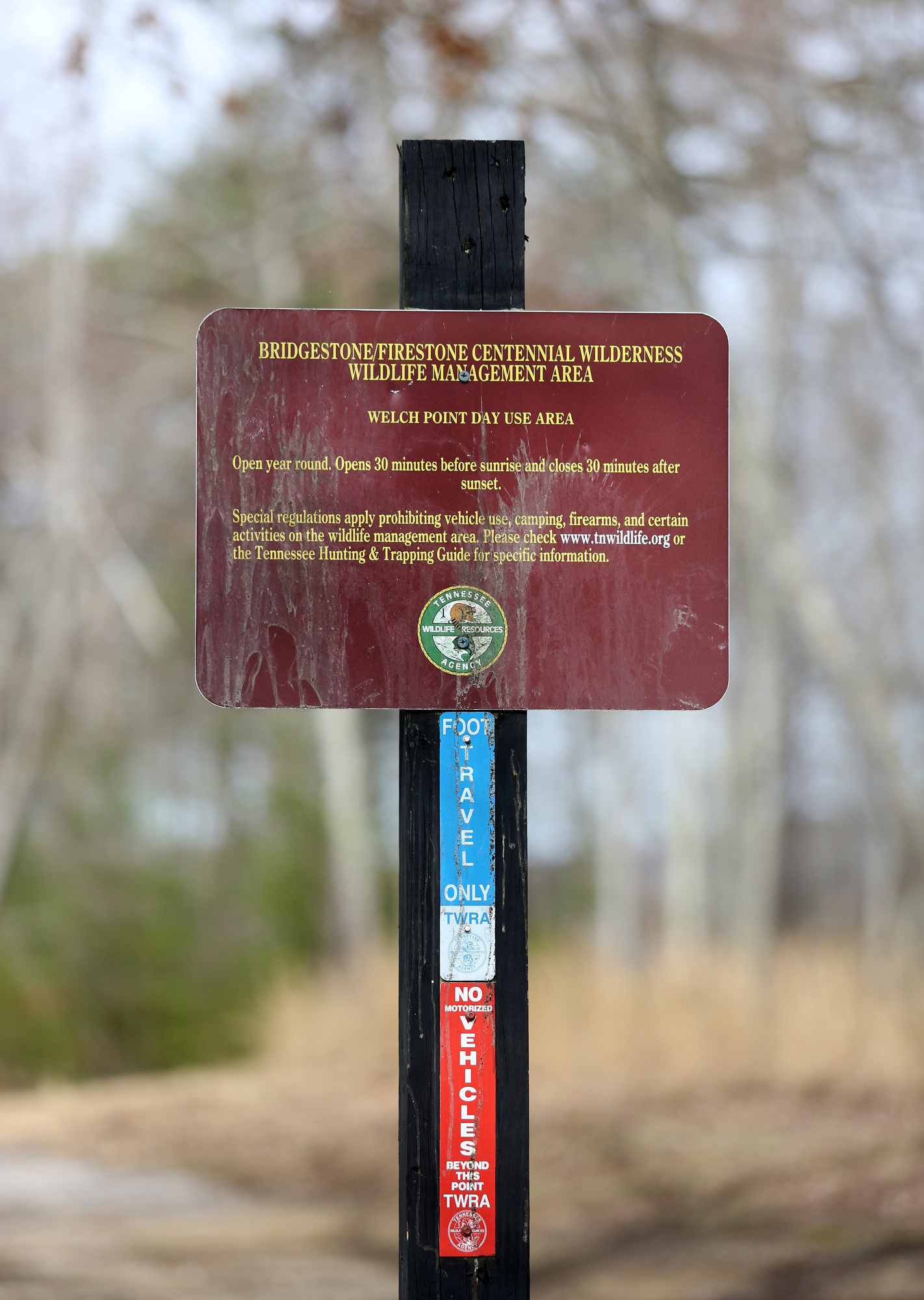 A sign indicates only foot traffic is allowed beyond the location of the sign at the Bridgestone/Firestone Centennial Wilderness Wildlife Management Area Tuesday, March 12, 2019 in Sparta, Tennessee. The sign also mentions there are regulations regarding camping, firearms and other activities on the land.