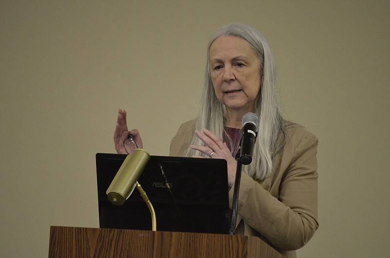 Eileen Robertson-Rehberg breaks down demographic data compiled on behalf of United Way of Greater Chattanooga during a community meeting for residents of eastern Hamilton County. (Staff photo by Myron Madden)