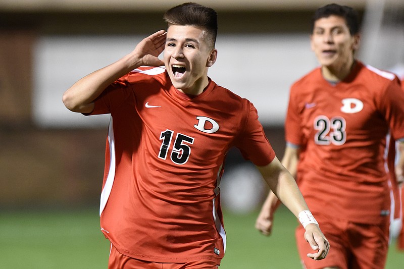 Dalton's Nathan Rincon celebrates his go-ahead goal against McCallie in the Catamounts' 2-1 win Friday night at Harmon Field in Dalton, Ga. It was Rincon's second goal of the game, but he received a red card for taunting.