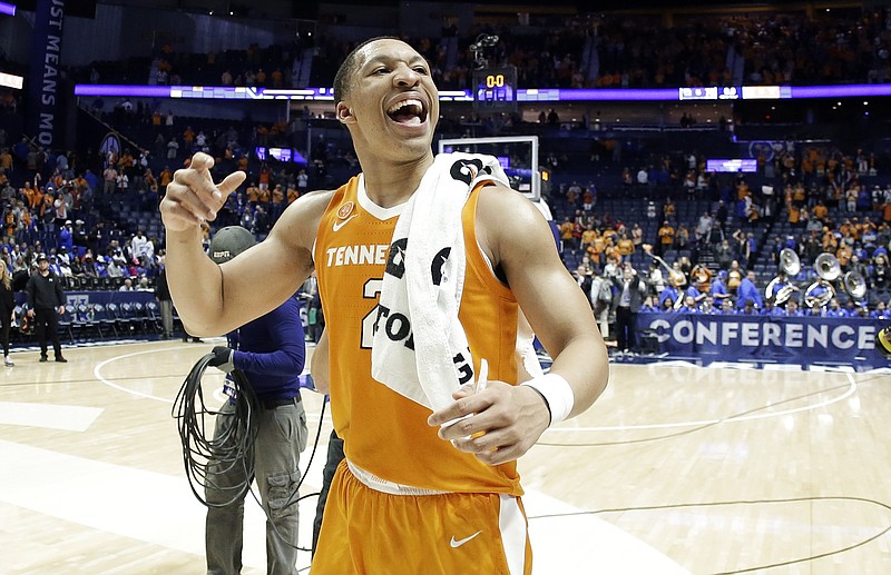 Tennessee forward Grant Williams celebrates after the Vols beat Kentucky 82-78 in their SEC tournament semifinal matchup last Saturday at Bridgestone Arena in Nashville.