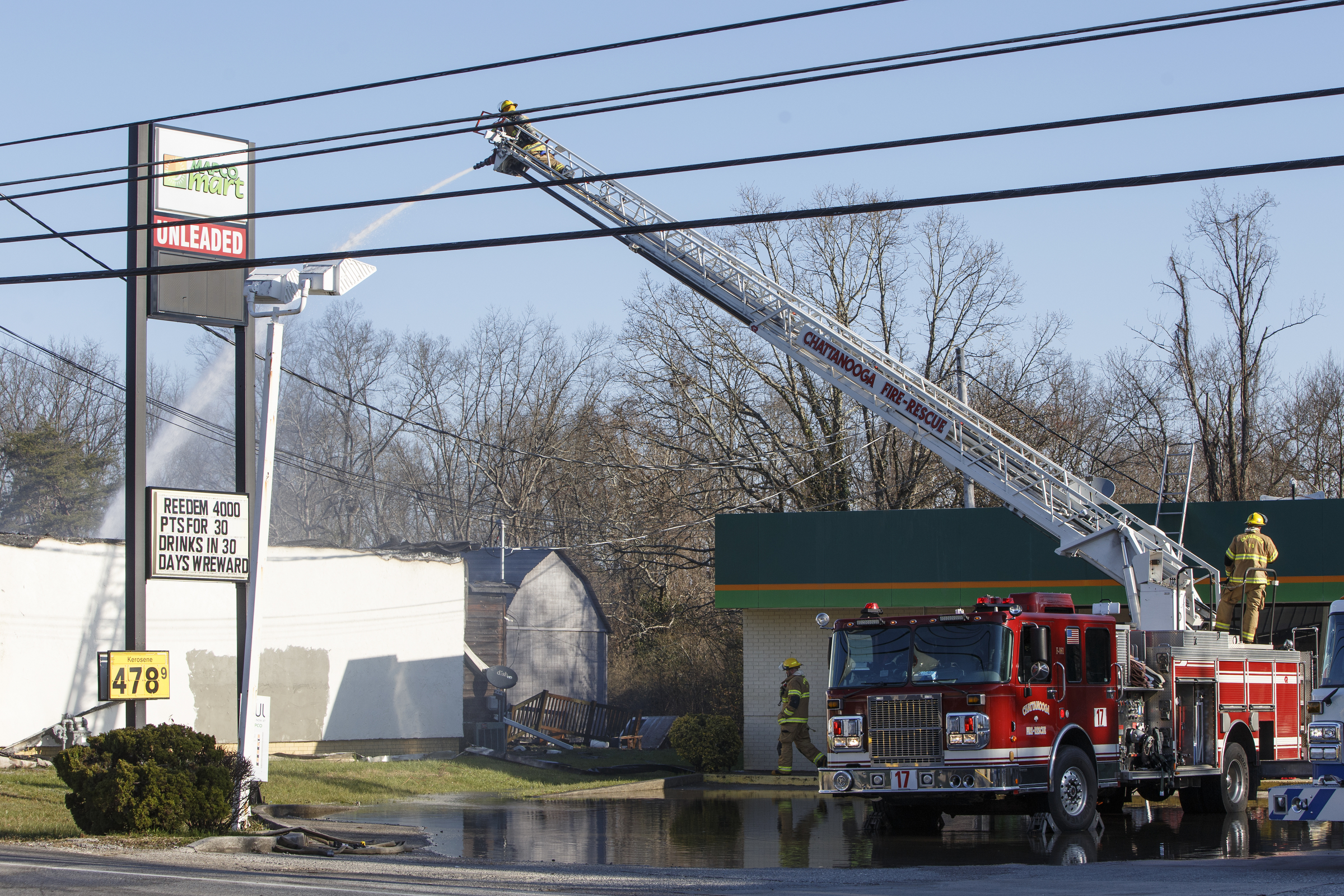 A ladder truck works to put out a fire at Patron Mexican Grill located at 3720 Taft Highway on Monday, March 18, 2019 in Signal Mountain, Tenn.
