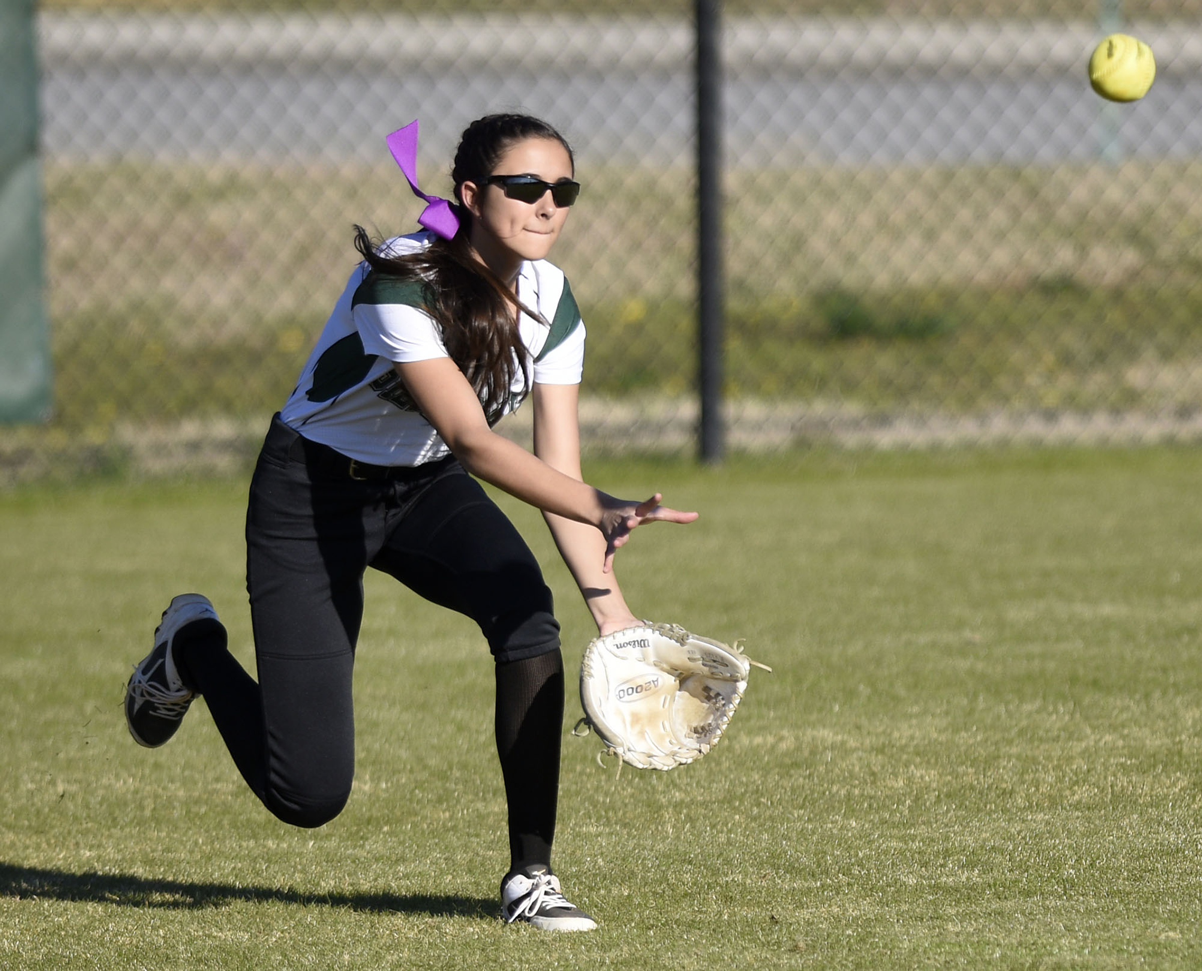 Silverdale centerfielder Bentlee Stiner (1) makes a ball that just falls in for a GPS base hit. The Silverdale Baptist Academy Lady Seahawks hosted the Girls Preparatory School Bruisers in TSSAA softball action on March 19, 2019.