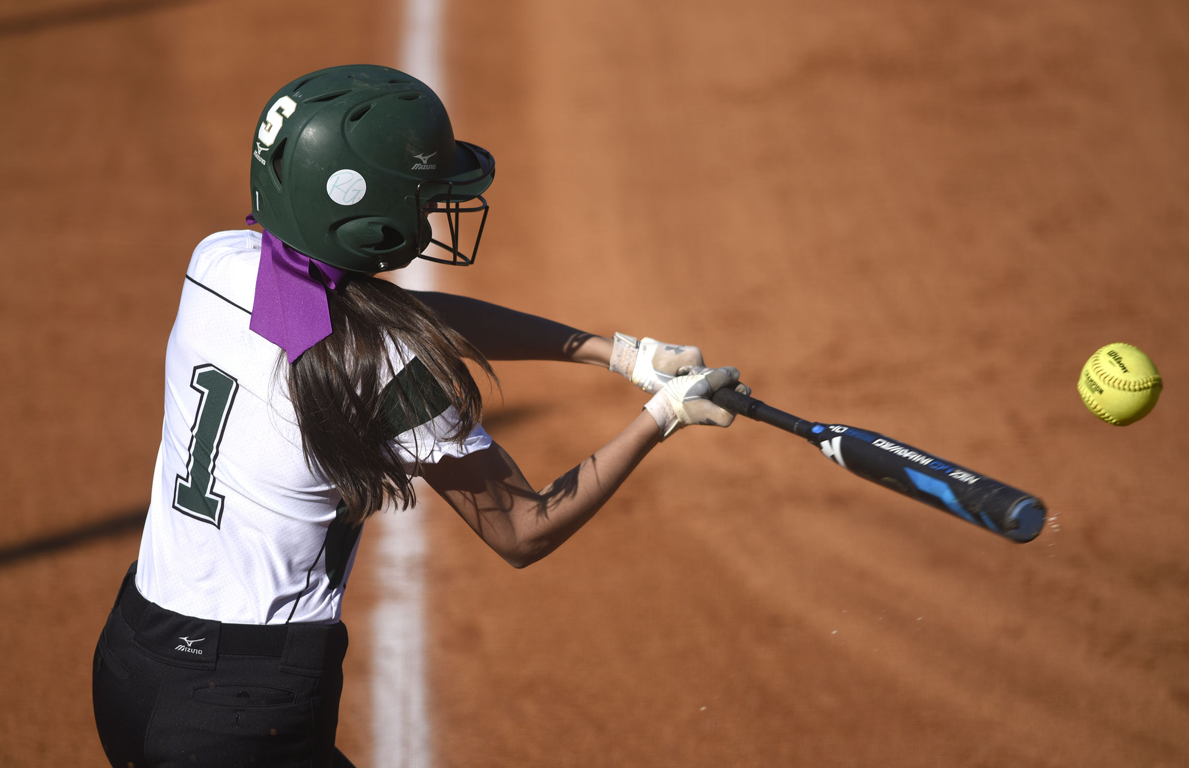 Silverdale's Bentlee Stiner (1) makes contact with the ball. The Silverdale Baptist Academy Lady Seahawks hosted the Girls Preparatory School Bruisers in TSSAA softball action on March 19, 2019.