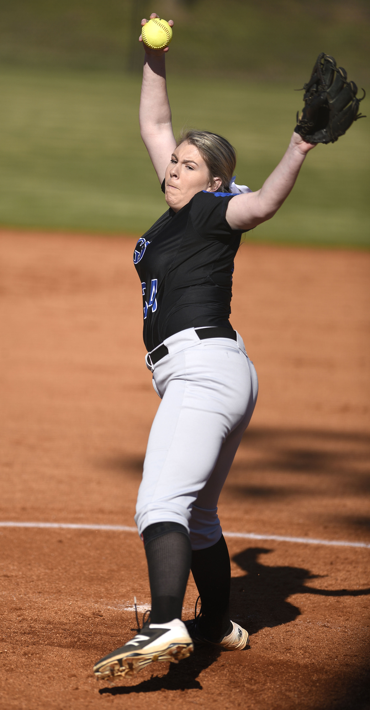 GPS's Hannah Sanders (34) goes into her wind up. The Silverdale Baptist Academy Lady Seahawks hosted the Girls Preparatory School Bruisers in TSSAA softball action on March 19, 2019.