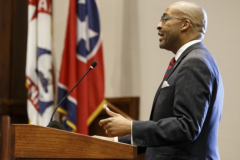 Former Chattanooga prosecutor and current defense attorney Gerald Webb interviews for General Sessions Court judge before members of the Hamilton County Commission in the County Commission assembly room at the Hamilton County Courthouse on Wednesday, March 20, 2019 in Chattanooga, Tenn. Current General Sessions Court Judge Clarence Shattuck, 83, announced he will retire on April 1.