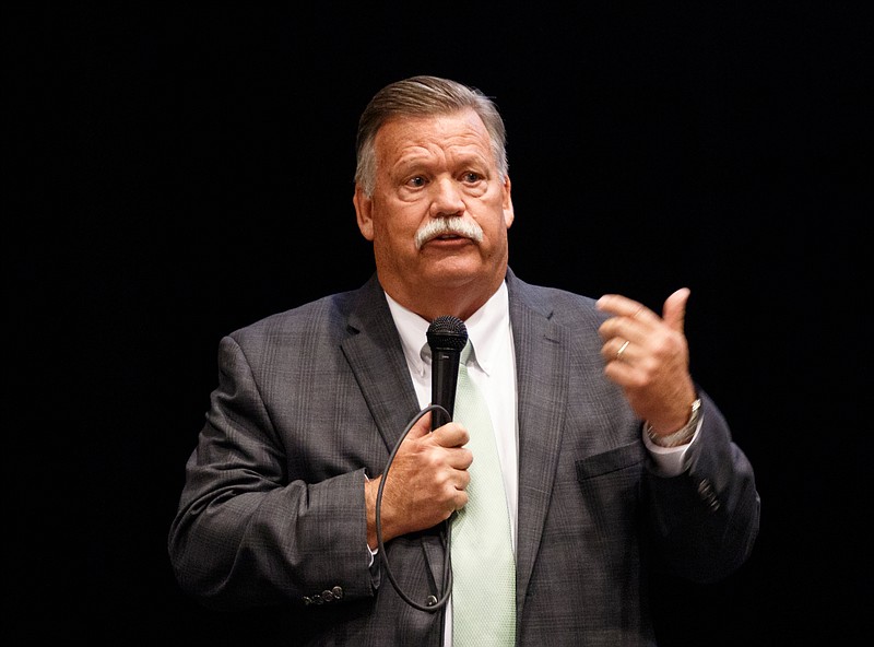 Hamilton County Mayor Jim Coppinger speaks during the unveiling of plans for the new East Hamilton Middle School during a community meeting at East Hamilton Middle High School on Tuesday, July 10, 2018, in Chattanooga, Tenn. The new $36 million middle school will be built near Apison Elementary.