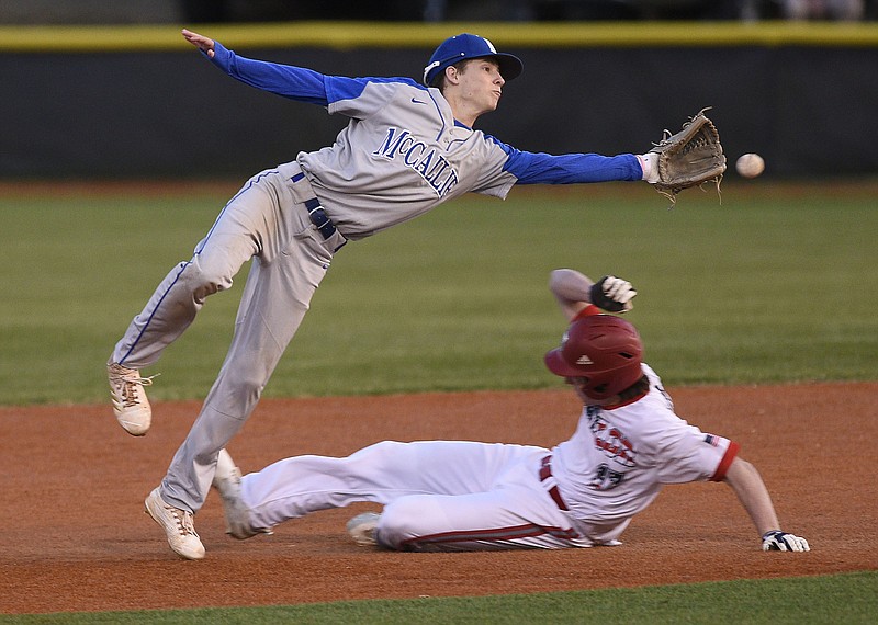 Baylor's Ivan Reap (17) slides safely into second as McCallie second baseman Blade Steelman (3) leaps for errand throw.  The Baylor Red Raiders visited the McCallie Blue Tornado in TSSAA baseball action on March 20, 2019.  