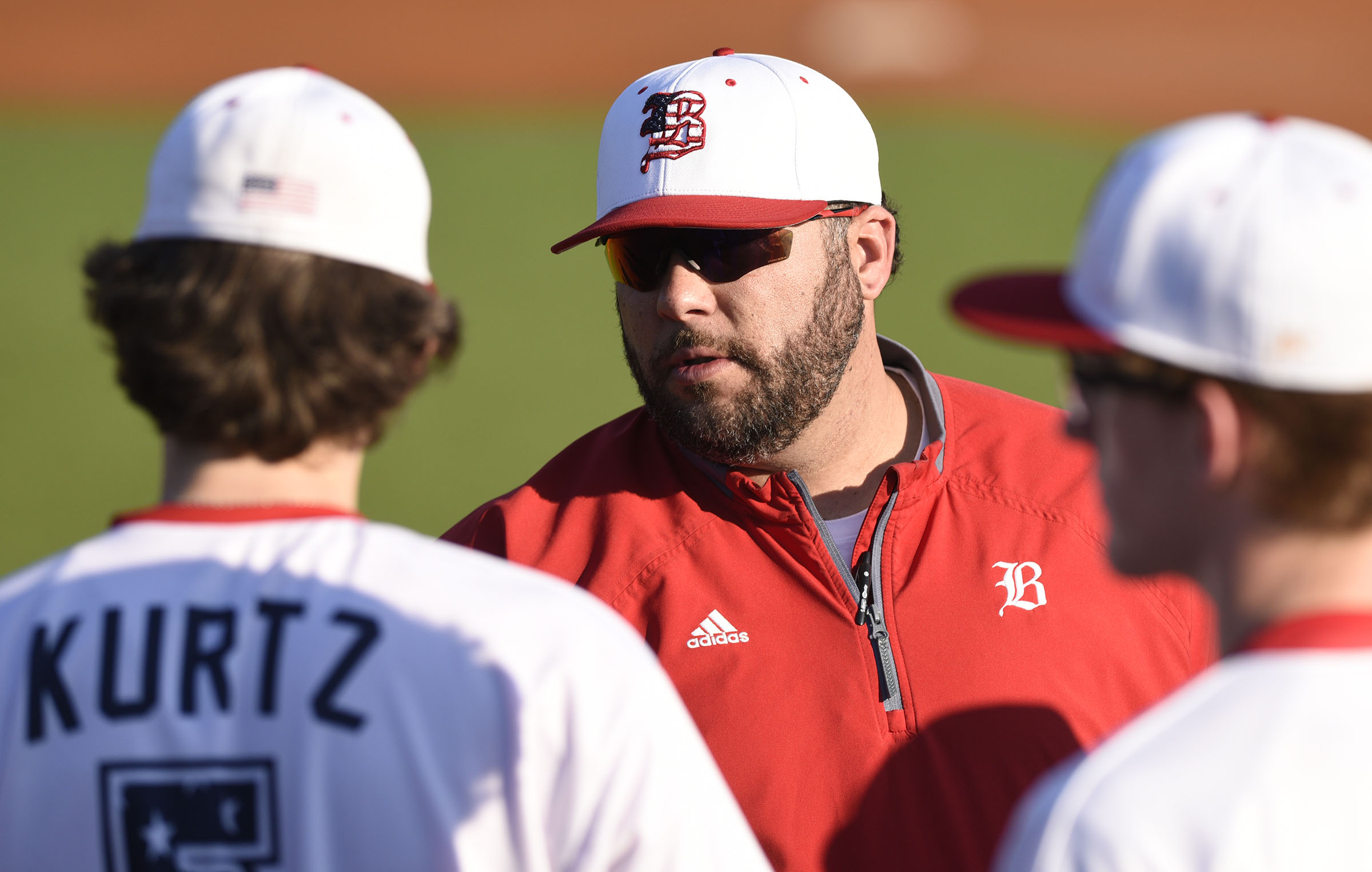 Baylor co-head coach Greg Elie readies the Raiders before the game. The Baylor Red Raiders visited the McCallie Blue Tornado in TSSAA baseball action on March 20, 2019.