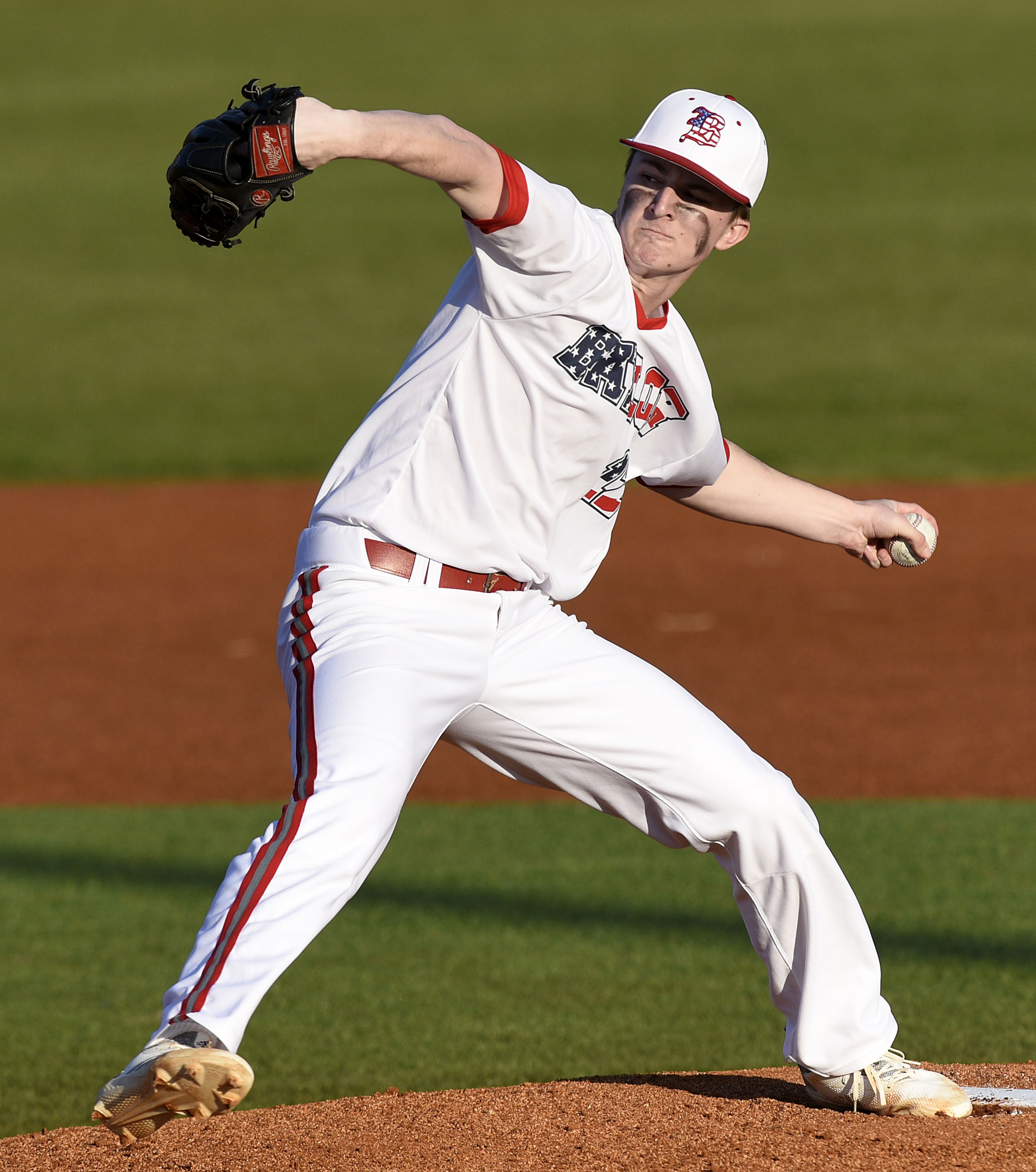 Baylor pitcher Colin Ahearn (12) delivers to the plate. The Baylor Red Raiders visited the McCallie Blue Tornado in TSSAA baseball action on March 20, 2019.