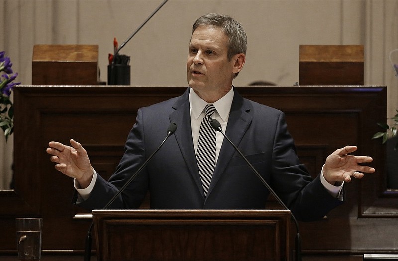 In this March 4, 2019, file photo, Tennessee Gov. Bill Lee delivers his first State of the State Address in Nashville, Tenn. Lee won a Republican primary fight largely about who was toughest on immigration. But so far, an immigration crackdown isn't his focus. Lee's administration has opposed two immigration bills by Republican Rep. Bruce Griffey, though not on humanitarian grounds.(AP Photo/Mark Humphrey, File)