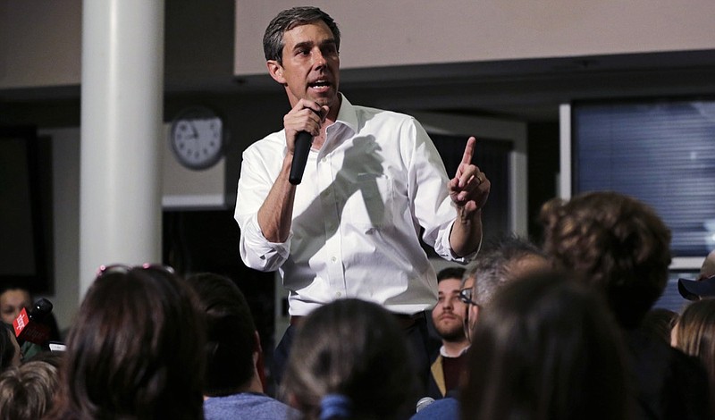 Former Texas congressman Beto O'Rourke gestures during a campaign stop at Keene State College in Keene, N.H., Tuesday, March 19, 2019. O'Rourke announced last week that he'll seek the 2020 Democratic presidential nomination. (AP Photo/Charles Krupa)

