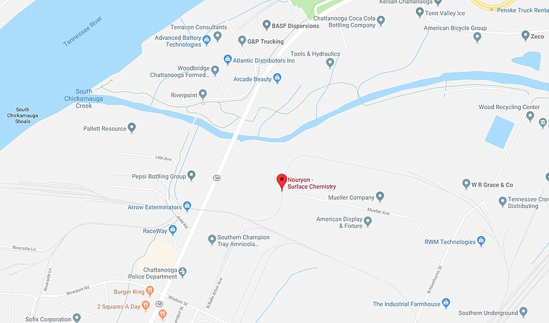 A representative of Akzo Nobel Surface Chemistry at 909 Mueller Ave. told firefighters that the company had an accidental spill of about two gallons of ethyl acrylate on Wednesday, March 20, 2019. / Screenshot from google.com/maps