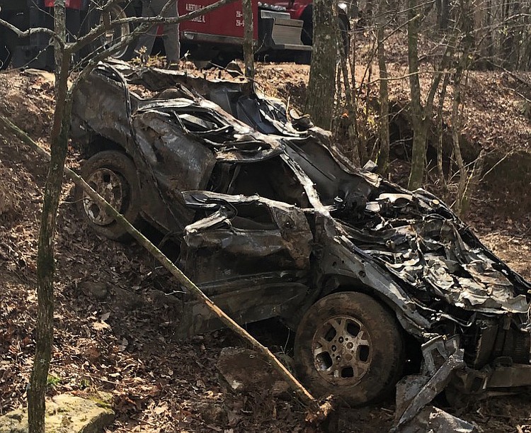 The Jeep Cherokee that was lost when a Geraldine, Alabama, man was swept to his death at a creek crossing in Buck's Pocket State Park in February is seen here. Crews worked to recover the vehicle on Thursday, March 21, 2019. / Photo provided courtesy of Capt. Gary Buchanan with Alabama law enforcement