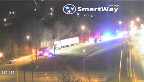 This screenshot taken from the Tennessee Department of Transportation's SmartWay website shows a semitractor-trailer on the side of I-24 eastbound that caught fire and slowed traffic. 