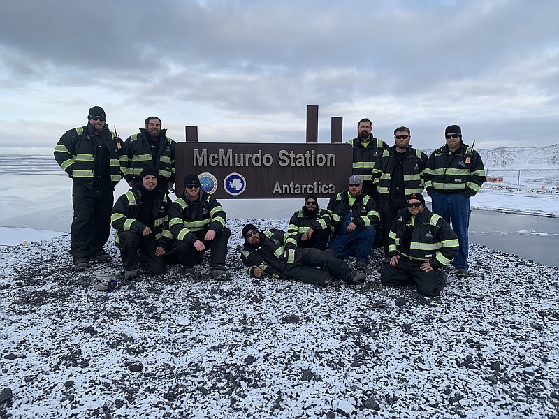 From left, Leo Flynn, Scott Duffey, Logan Urtubees, Culton McBrayer, Raul Perez, Daniel Perez, Tim McDaniel, Tyler Ferguson, Zach Keaton, Phil Newman and Corey Waters of Southern Spear at McMurdo Station in Antarctica. The local company is the shell contractor to rebuild the largest Antarctic station. (Contributed photo provided by Southern Spear).