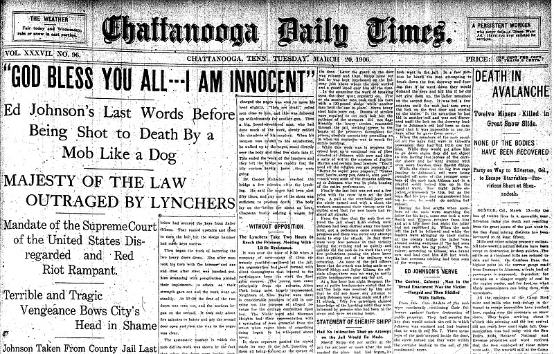 This scan shows the front page of the March 20, 1906, edition of the Chattanooga Daily Times, which cost 1 cent per issue at the time. It reports on the lynching of Ed Johnson on the Walnut Street Bridge, which happened around 11 p.m. the evening before.