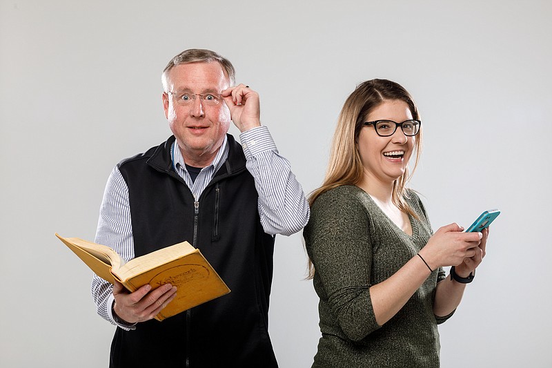 Millennial Times Free Press reporter Meghan Mangrum and boomer columnist Mark Kennedy are photographed in the studio on Friday, March 8, 2019, in Chattanooga, Tenn. 