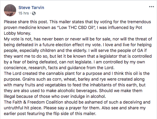 A post from state Rep. Steve Tarvin, R-Chickamauga, concerning this year's medical marijuana legislation. / Screenshot from Facebook