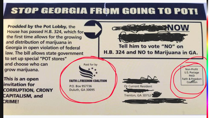 A mailer sent by the Faith and Freedom coalition, opposing Georgia's medical marijuana legislation
