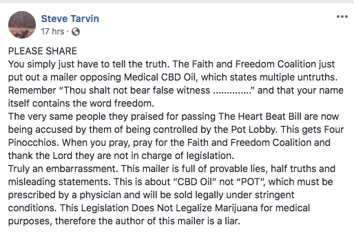 A post from state Rep. Steve Tarvin, R-Chickamauga, concerning this year's medical marijuana legislation. / Screenshot from Facebook