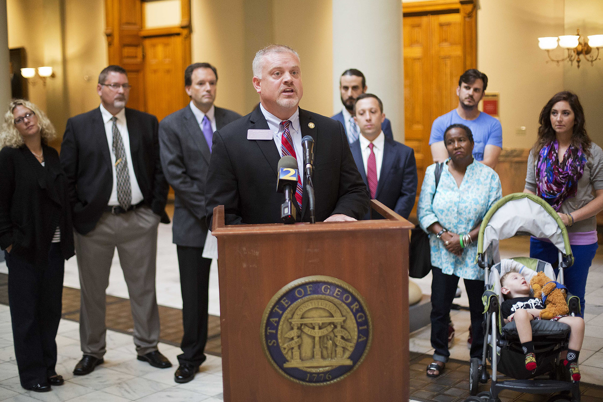 State Rep. Micah Gravley, R-Douglasville, speaks during a news conference calling for expansion of Georgia's brand new medical marijuana program at the Capitol Tuesday, Sept. 29, 2015, in Atlanta. Georgians for Freedom in Health Care wants Georgia lawmakers to allow marijuana to be grown and harvested under close monitoring to treat certain diseases. The effort comes less than a year after lawmakers approved a medical cannabis registry in Georgia. (AP Photo/David Goldman)