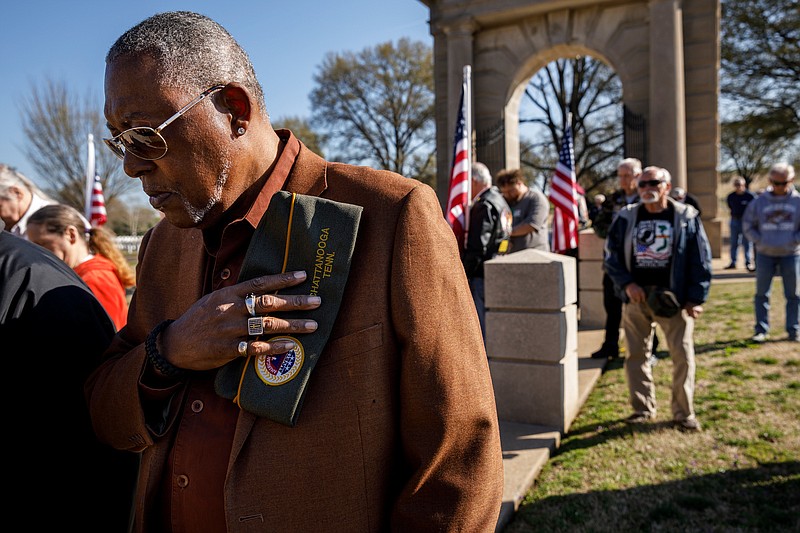 U.S. Marine Corps veteran Joe Gibson bows his head for the benediction to close a ceremony commemorating the 50th anniversary of the Vietnam War and honoring Vietnam War veterans at the Chattanooga National Cemetery on Wednesday, March 27, 2019, in Chattanooga, Tenn. The City of Chattanooga has proclaimed that March 29th will be National Vietnam Veterans Day.