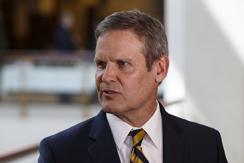 Gov. Bill Lee meets with the media after speaking at a Chattanooga Area Chamber of Commerce luncheon at the EPB building downtown on Friday, March 22, 2019 in Chattanooga, Tenn.