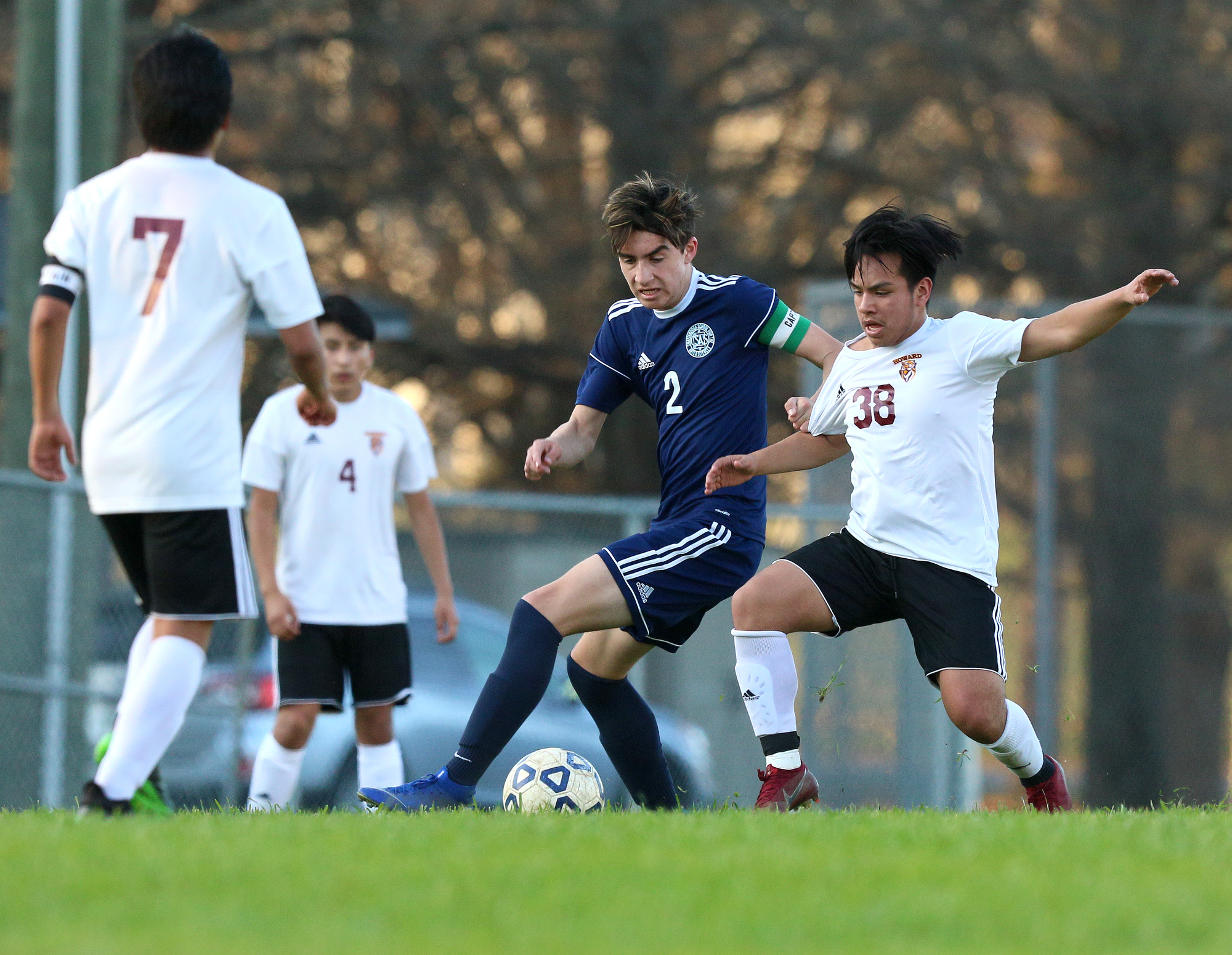 CSAS' Cole Avery (2) and Howard's Kylder Vasquez (38) go after a ball during the Howard vs. CSAS boys' soccer match Wednesday, March 27, 2019 at Chattanooga School for the Arts and Sciences in Chattanooga, Tennessee. CSAS won 2-1.