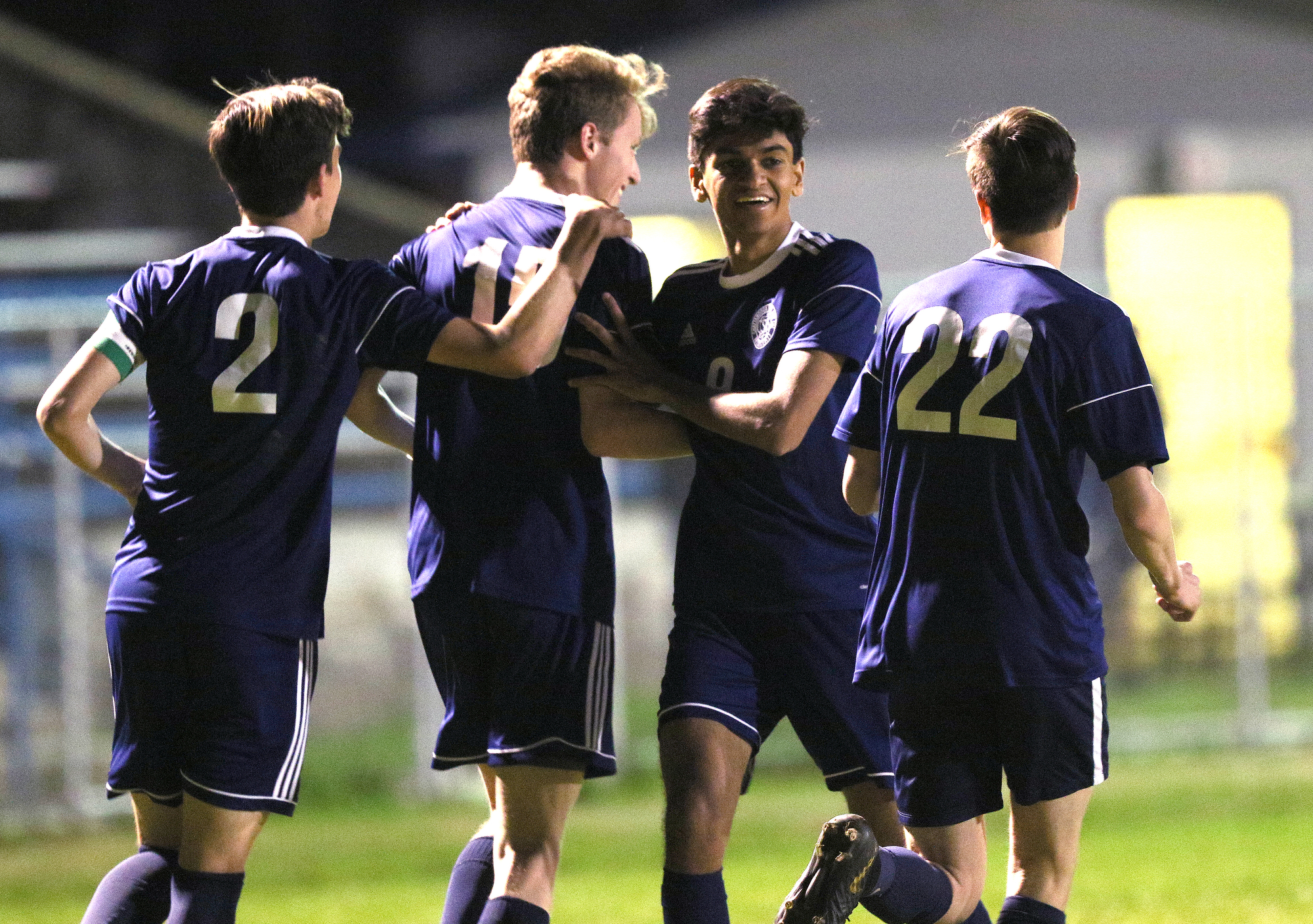 CSAS' Cole Avery (2), Will Fraser (15), Rohit Krishnamoorthy (9) and Adin Castle (22) celebrate Fraser's goal during the Howard vs. CSAS boys' soccer match Wednesday, March 27, 2019 at Chattanooga School for the Arts and Sciences in Chattanooga, Tennessee. CSAS won 2-1.
