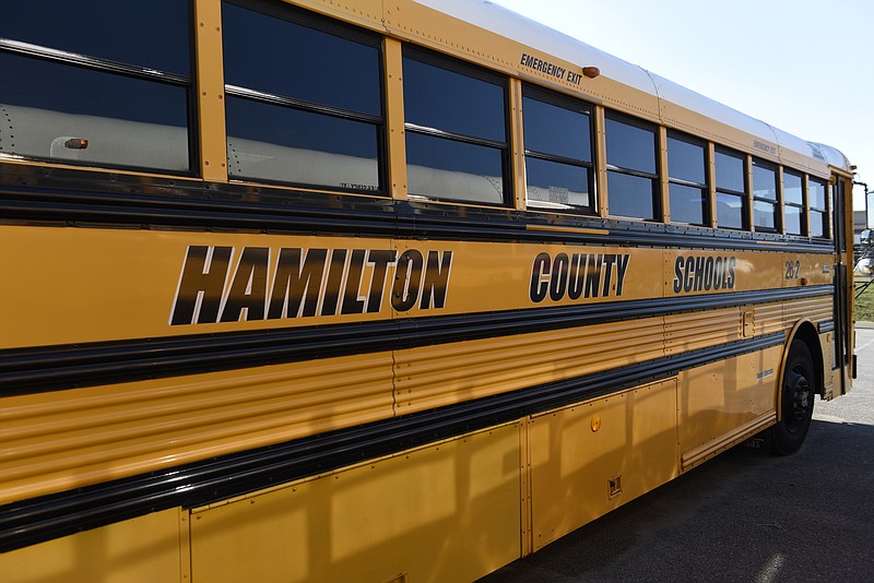 A school bus is seen parked at the East Hamilton High School on Monday, Dec. 7, 2015, in Chattanooga, Tenn.