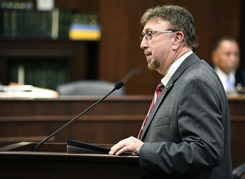 In this Feb. 28, 2018 file photo, Rep. David Byrd speaks about a bill he is sponsoring that will allow school employees to carry guns at the Cordell Hull Building in Nashville, Tenn. Byrd, a Tennessee lawmaker accused of sexual misconduct, has stepped down as chairman of an education subcommittee after facing months of protests from victim advocates calling for his resignation. House Speaker Glen Casada confirmed on Thursday, March 28, 2019, that Byrd will no longer oversee the House Education Administration Subcommittee. (George Walker IV/The Tennessean via AP, File)